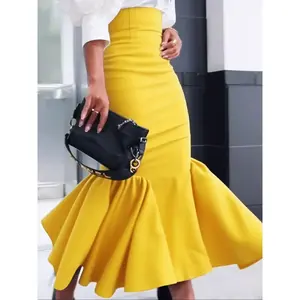 Women’s High-Waist Mermaid Midi Skirt, Solid Color Bodycon Fitted Pleated Ruffle Fish-Tail Hemline, Party & Casual Wear, All Seasons