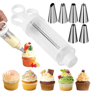 Cake Decorating Gun, Cupcake Icing Piping Kit, Cake Decorating Kit with 6 Stainless Steel Piping Tips, Cupcake Injector/Decorating Icing Set, White