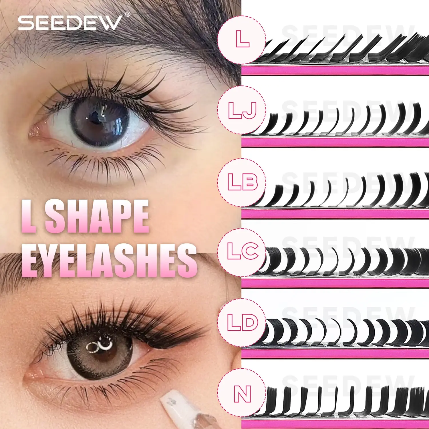 Seedew 16Rows/tray L-shape Eyelash Extensions L/LJ/LB/LC/LD/N curl Fox Style Mixed Length for Beauty Salon Professionals Classic Eyelashes Volume Curl Lashes Volumized False Eyelashes