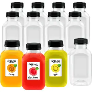Square Plastic Clear Bottles with Black Caps for Juice and Becerages | Pack of 4 Disposable Drink Bottle Canister BPA Free Drinkware cup holiday time
