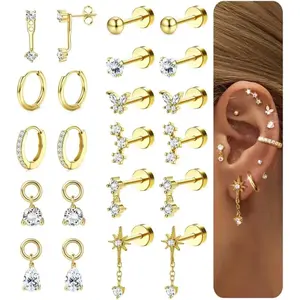 CASSIECA Flat Back Earrings for Women Hypoallergenic 14K Gold-Plated Surgical Steel Earring Stack Set | Small Stud & Hoop for Cartilage, Helix, Tragus | Multiple Piercing Comfort Jewelry Gold