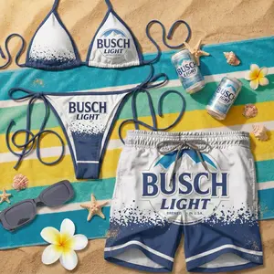 Light Tropical Matching Couple Swimsuit Set, Funny Beer Lover Bikini & Men's Swim Trunks, Hawaiian Beach Vacation Outfit, Gift For Him Her