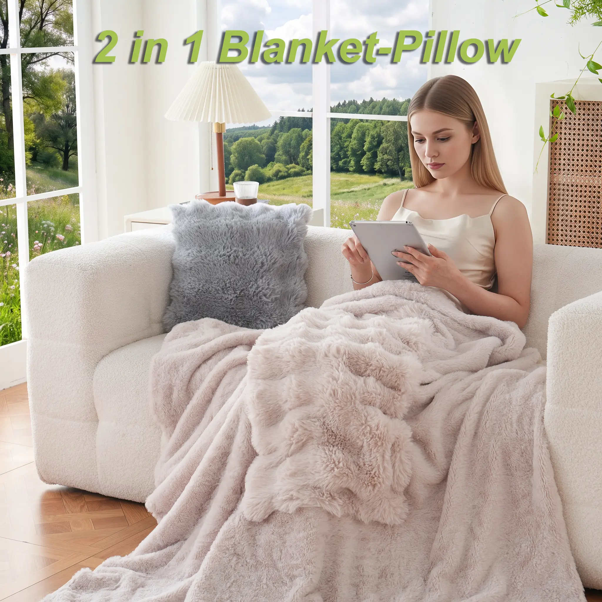 【Back to School】DOWNCOOL 2-in-1 Blanket Pillow, Soft Flannel Throw Blanket 50"x60" Converts to 16"x16" Luxurious Bubble Pillow, Plush Cozy Travel Blanket Pillow for Couch, Bed, Office & Ca