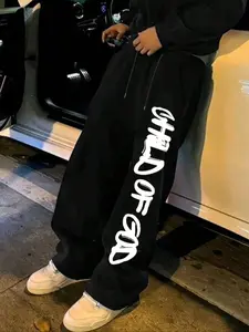 Child Of God Letter Print Straight Leg Sweatpants, Loose Fit, Unisex, Streetwear Casual, Athleisure Style Bottoms, Comfortable, Suitable For All Seasons, Swag Sports Pants For Men, Casual Comfy Sweatpants