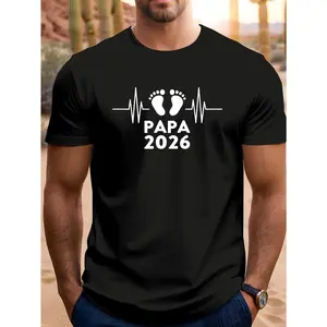 Men's PAPA 2026 Future Dad Pregnancy Announcement T-Shirt - Casual Short Sleeve Tee with Heartbeat Graphic, Lightweight Everyday Shirt for Expectant Fathers - Machine Washable Father's Day Gift Idea, Fathers Day T Shirts, Summer Outfit, Round Neck D