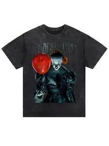 Black Pennywise Clown Horror Movie T-Shirt, Creepy Red Balloon Graphic Tee Inspired by Classic Scary Film, 100% Cotton Unisex Crewneck Short Sleeve, Halloween Party Outfit and Casual Streetwear Top for Men and Women, Spooky Aesthetic Fan Apparel,