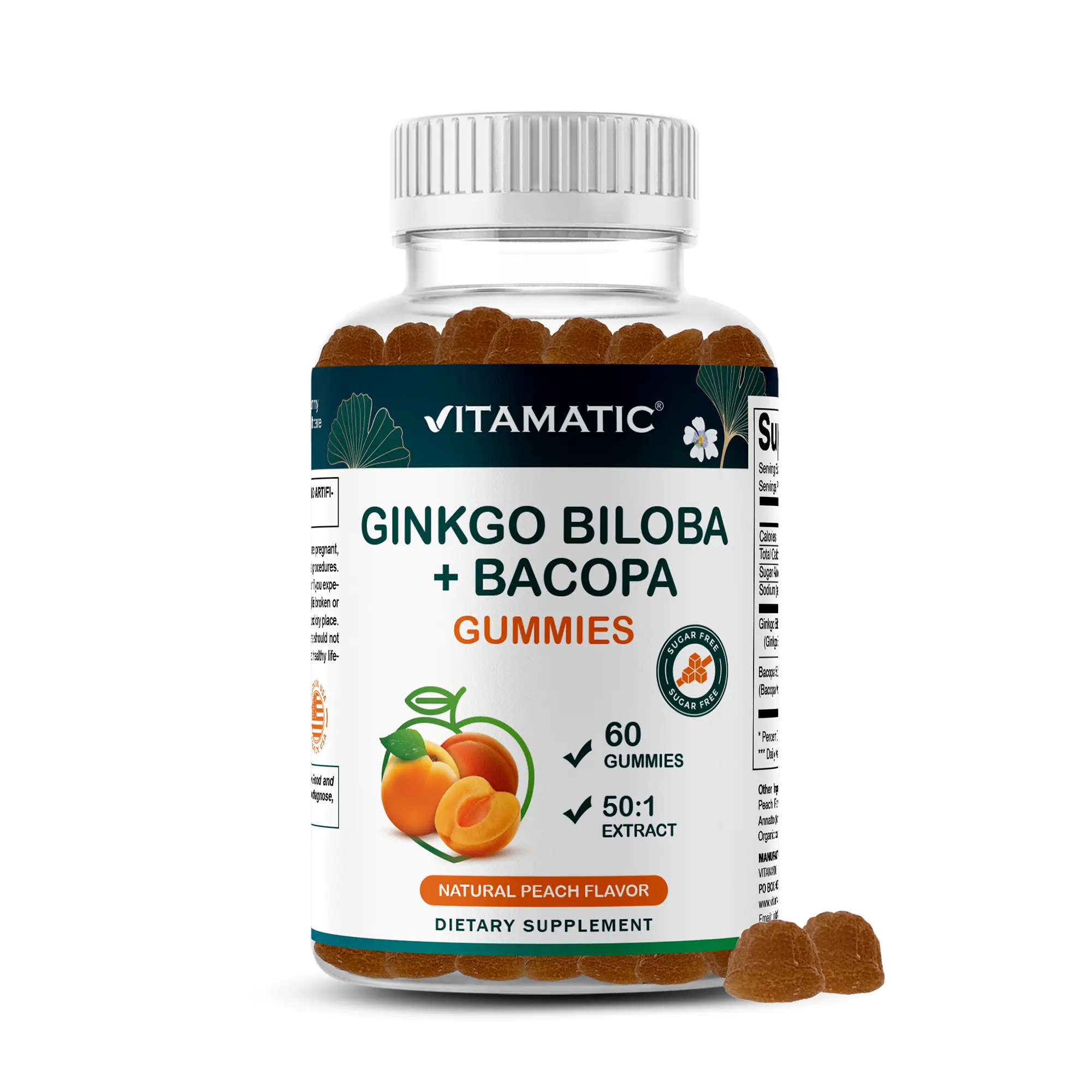 Vitamatic Chewable Ginkgo Biloba & Bacopa Gummies - 60-Count, Plant-Based Botanical Extract, Natural Peach Flavor, Vegan, Non-GMO, Gluten-Free, Multi-Dose, Nicotine-Free, Daily Supplemental Nutrition Support, Brain Health