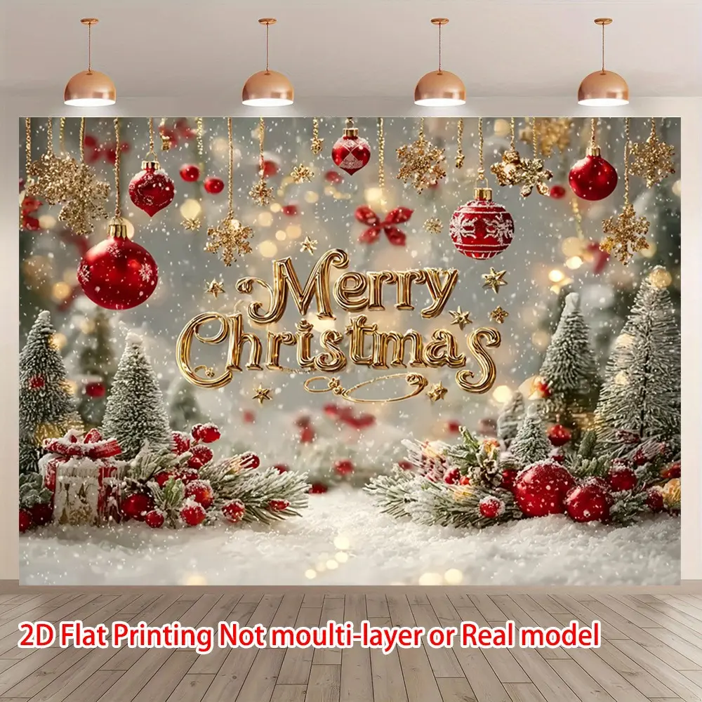 Luxury Red-Gold Christmas Backdrop Banner - Durable Polyester 2D Print with Gilded "Merry Christmas" Letters, Colorful Ornaments, Snowy Scene, Easy Install, Brings Glamorous Festive Vibe for Elegant Holiday Parties, Home Decoration