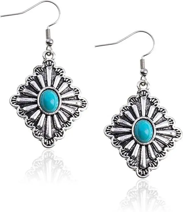 Wrangler Dangle Earrings for Women, Western Double Concho Flower Alloy Statement Jewelry, Chunky and Lightweight for Daily Wear, Country Concerts, Anniversary Gift, Chunky Jewelry, Cowgirl Accessories, Birthday, Drop Earrings, Copper, Dangly Earrings, Cas