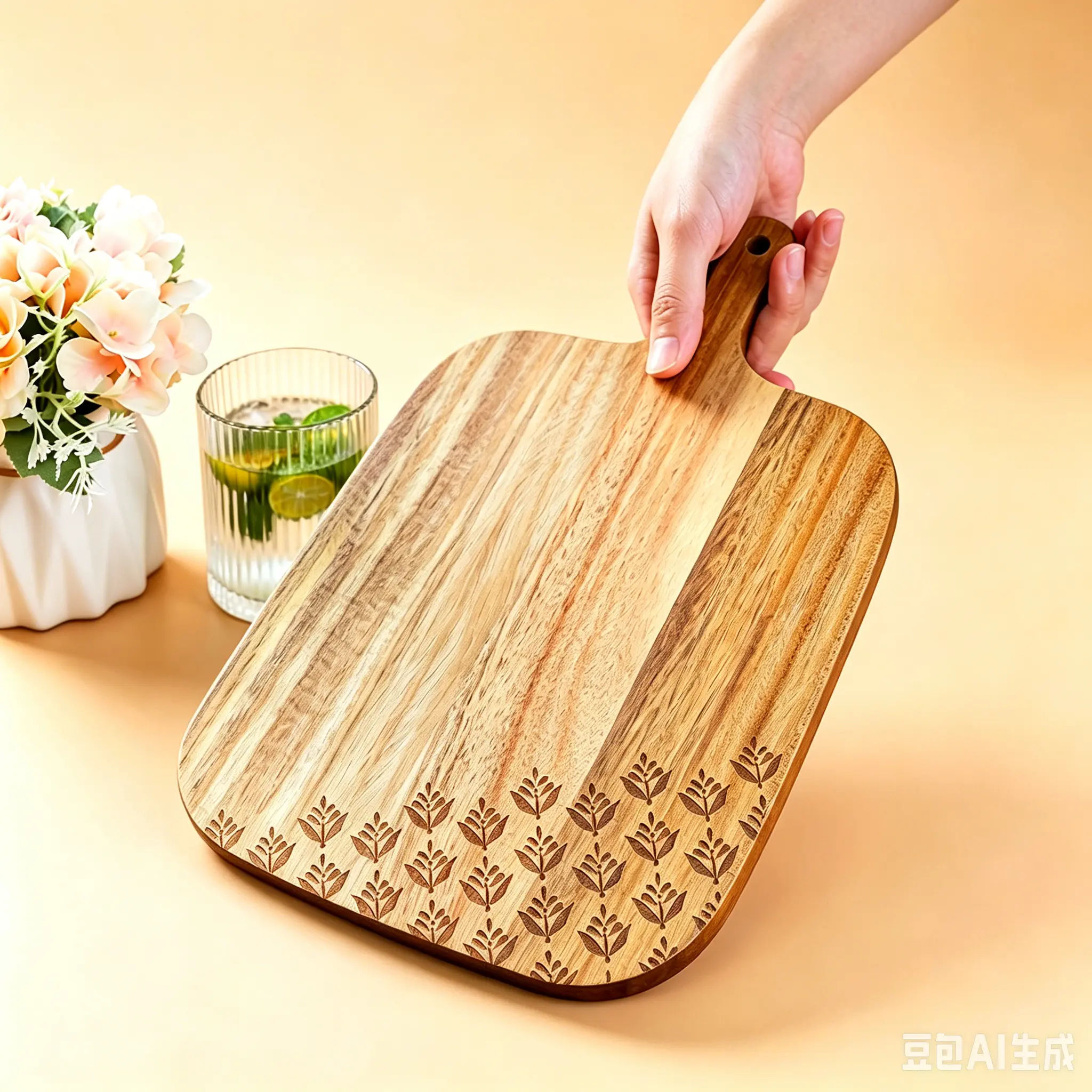 Bill.F Acacia Wood Serving Board, 12.6" x 7.7" Charcuterie Board with Handle, Rustic Wooden Paddle Board for Cheese, Bread, and Food Presentation