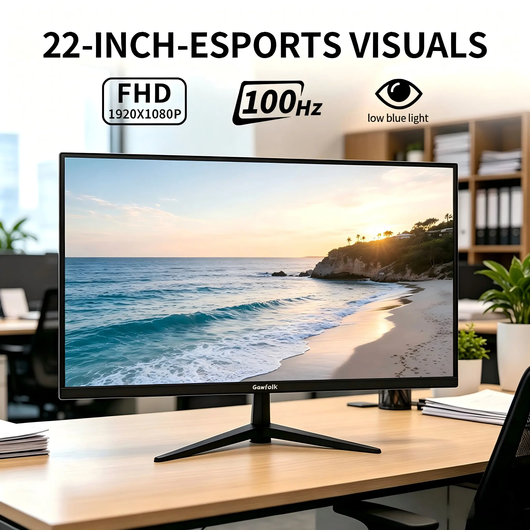 Gawfolk 22" FHD PC Digital Monitor - 100Hz Refresh Rate, 1920x1080 VA Ultra-Narrow Bezel, HDMI, VESA Compatible for Home Office & Gaming Entertainment