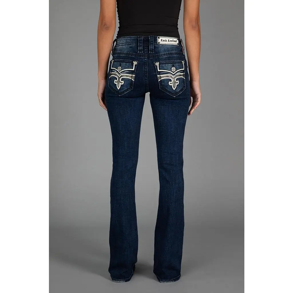 Rock Revival Dubarry Women's Embroidered Bootcut Jeans in Dark Wash Stretch Premium Denim with Custom Pewter Hardware, Bottoms, Pants
