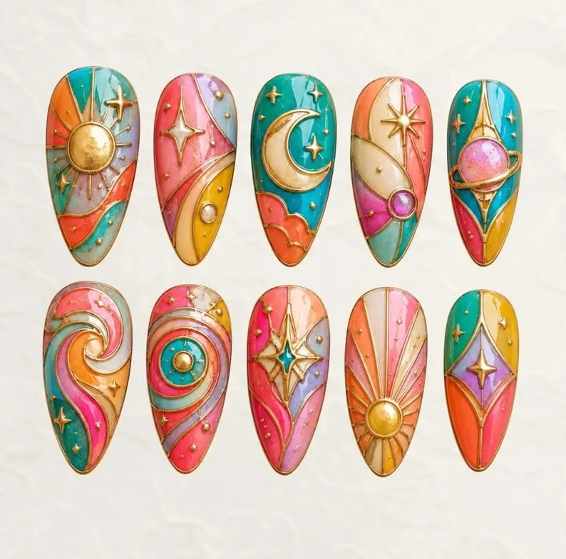 Colorful Celestial 3D Sun Moon Star Stained Glass Press On Nails Gold Swirl Cosmic Nail Set