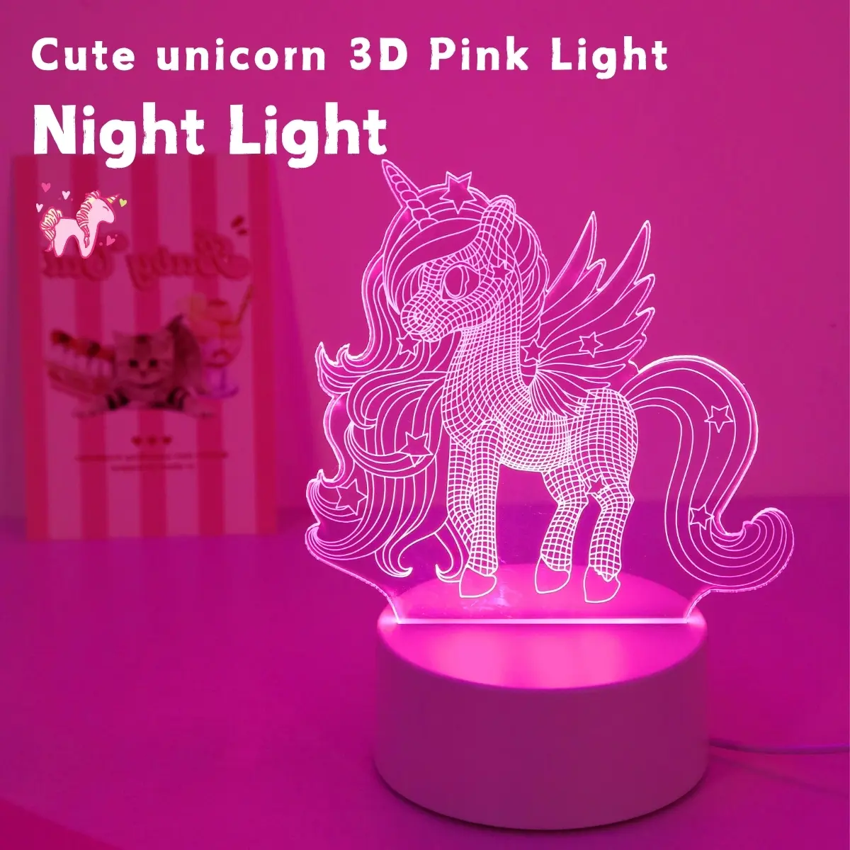 Cute Unicorn Night Light, USB Powered 3D LED Lamp with Switch Button Control, Soft Light for Home Decor, Perfect Gift for Kids Room