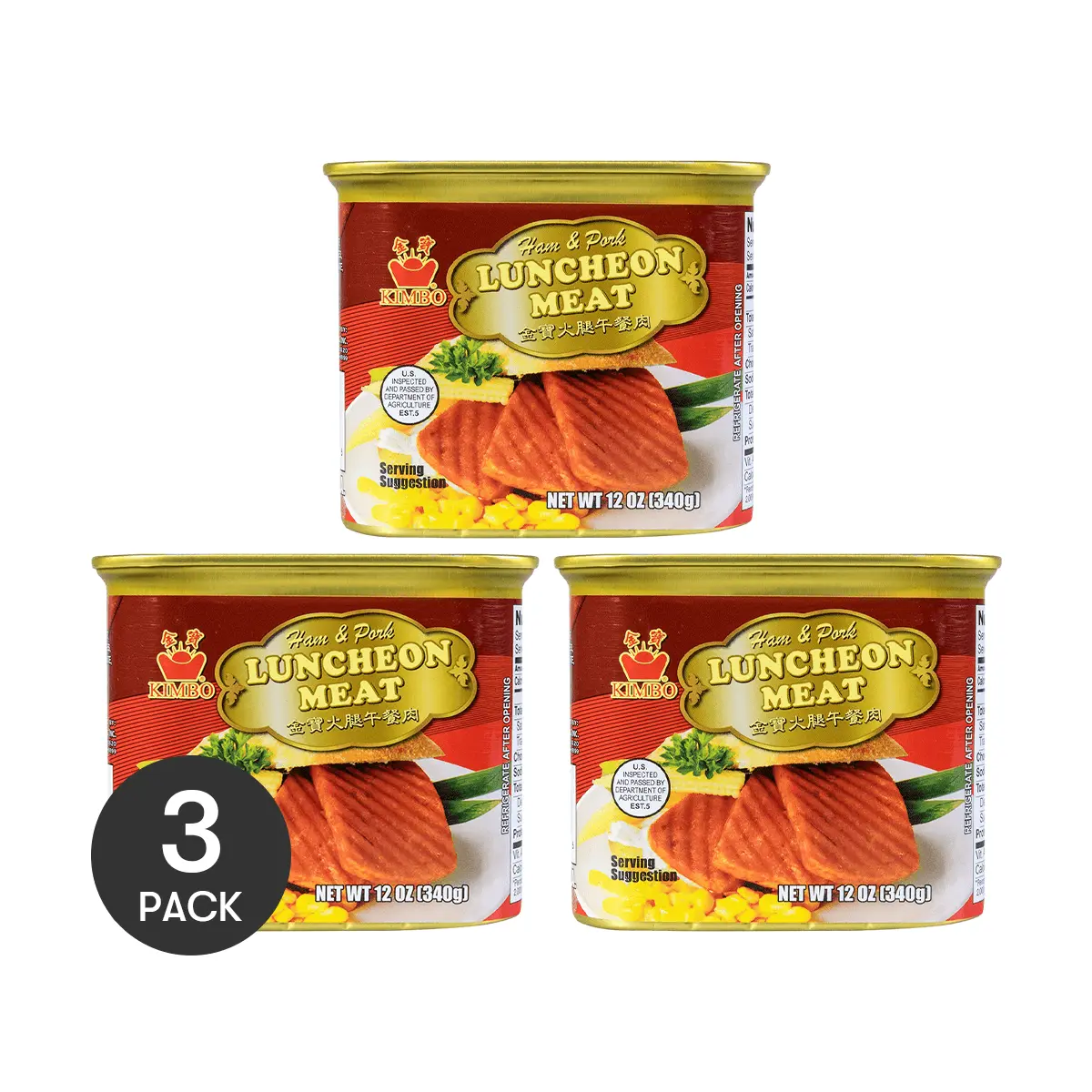 KIMBO Taiwanese Pork Luncheon Meat 340g (3 Cans) - USDA Certified, Premium Canned Pork for Meals