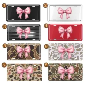 Pink Bow License Plate - Cute Girly Car Tag - Black & White American Flag & Camo Design - 12x6 Aluminum Plate - Aesthetic Country Girl Truck Accessory