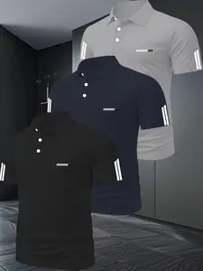3-Pack Men's Short Sleeve Breathable Quick-Dry Golf Shirts, Running Sports T-Shirts, Gym Workout Tees, Fitness Training Wear, All Seasons, Long Length