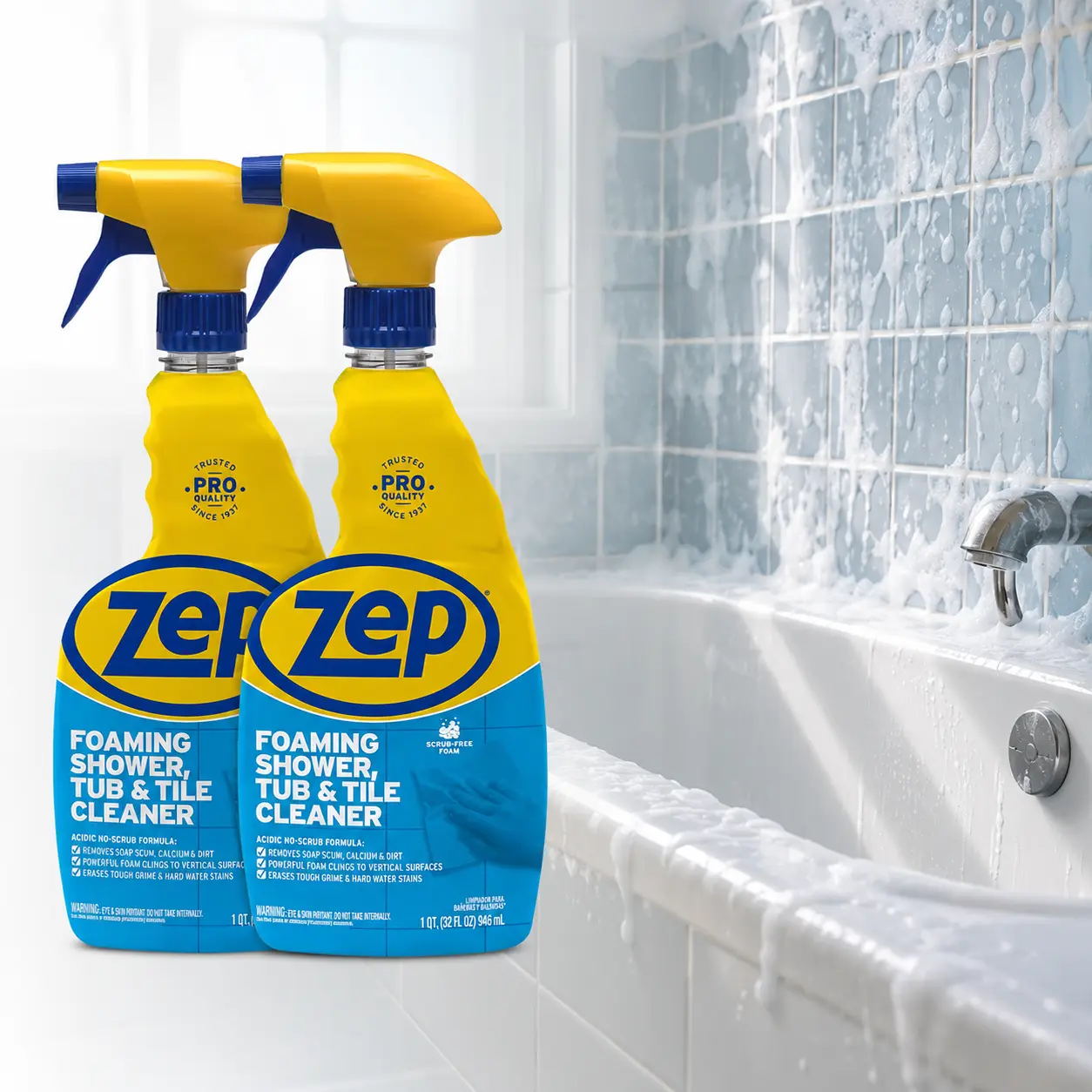 ZEP 32 oz. Power Foam Tub and Tile Cleaner, No-Scrub Shower Cleaner, Acidic Bathroom Cleaner, Soap Scum Remover, Limescale Dissolver, Hard Water Stain Remover, Mold Prevention Cleaner, Commercial Bathroom Cleaner.