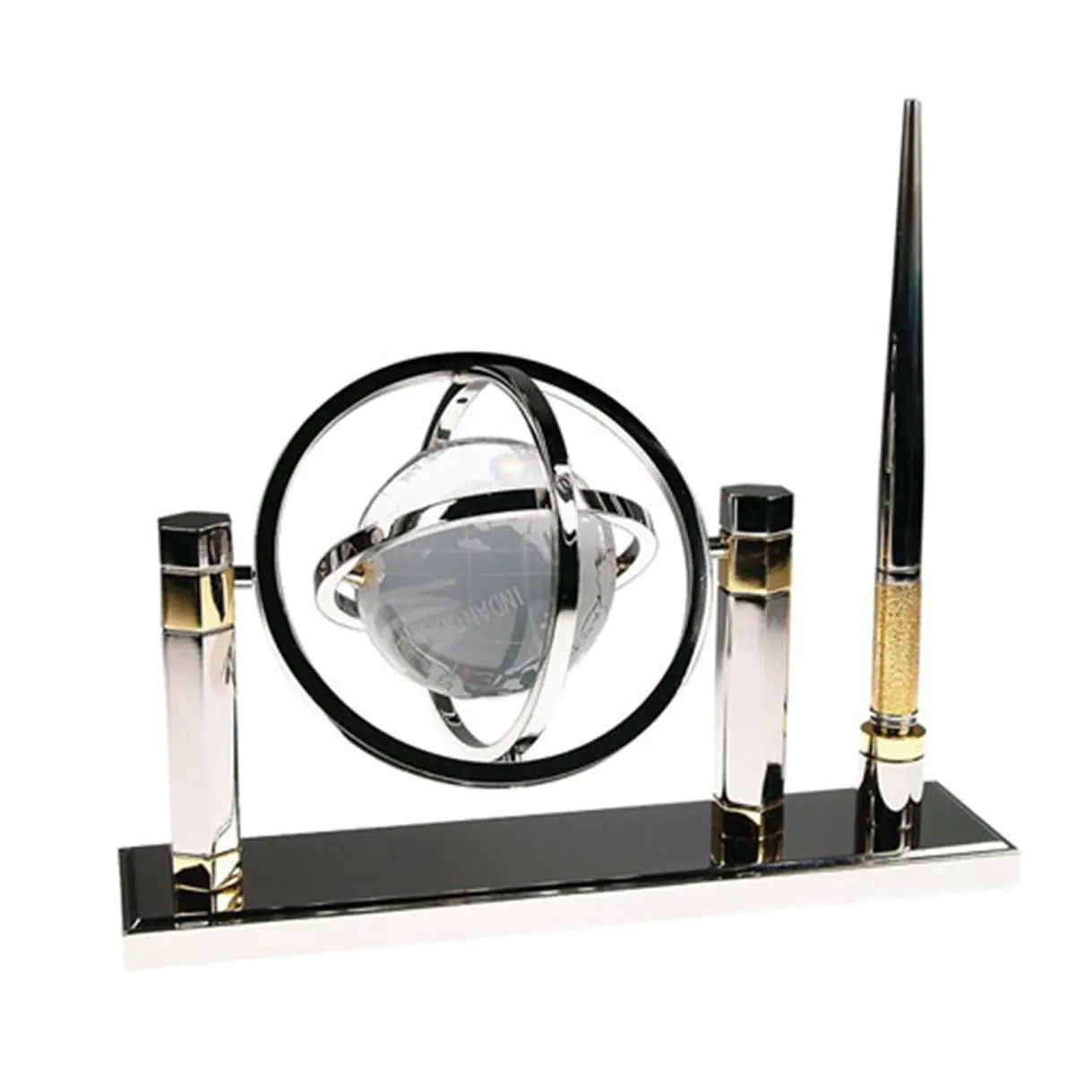 212 MAIN Bluestone Designs Crystal Globe Marker Pen Holder - Crystal Glass, Etched Map, Office Stationery, Desk Organization, Full Arch, Orbital Look