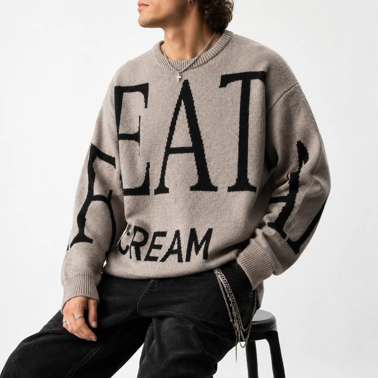 Men's Slouchy Sweater Oversized Graphic Knit Pullover Letter Print Crewneck Long Sleeve Chunky Jumper Y2K Streetwear Tops Casual Fall Winter Warm Cozy Outerwear Vintage Aesthetic Harajuku Style Clothing for Guys Teen Boys Soft Knitwear Apparel