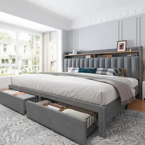 Bed Frame with Headboard and Storage, MATTRESS NOT INCLUDED OR OFFERED, Upholstered  Bed Frame with Storage, 2 Drawers,, NO Noise, No Box Spring Needed