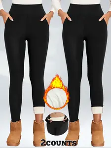 Women's Winter Warm Fleece Lined Leggings, High Waist Slim Fit Pants with Pockets, Casual Comfortable Minimalist Thermal Bottoms for Fall & Winter, Womenswear