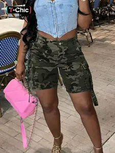 Women's Camo Pocket Fashion Casual Jeans Shorts, Sexy Fitted Design for Spring Summer, Trendy Mid-Thigh Pants with Button Fly Zipper Closure, Camouflage, Womenswear