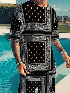 Two-piece Set Men's All Over Print Paisley Short Sleeve Top &  Shorts, Regular Fit Casual Fashion Cozy Round Neck Top &  Shorts for Summer, Men Two-piece Set  for Daily Wear, Menswear, Casual Lounge Set