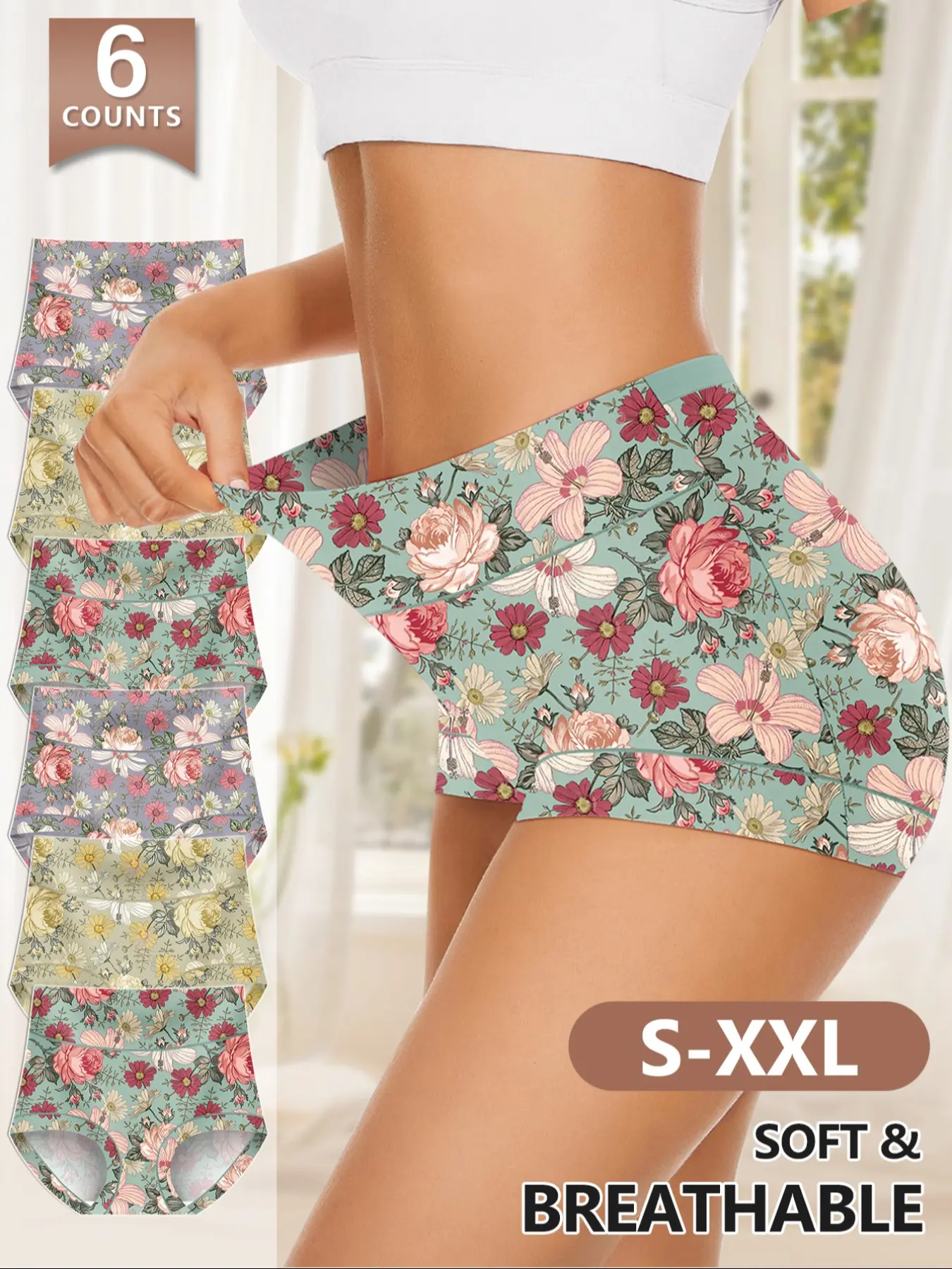 Morelect Floral High-Waist Knicker Women's Underwear Set, Fashion Comfy Underwear, Soft Comfy Knicker Breathable Comfortable Casual Fitted Thong Breathable Stretch Panties, 6 Pcs S-Xxl, Multi Colors