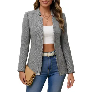 Mina Self 2026 Spring Women's Herringbone Tweed Blazer Jacket - Plaid Open Front Slim Notch Collar Full-Lined Work Trendy
