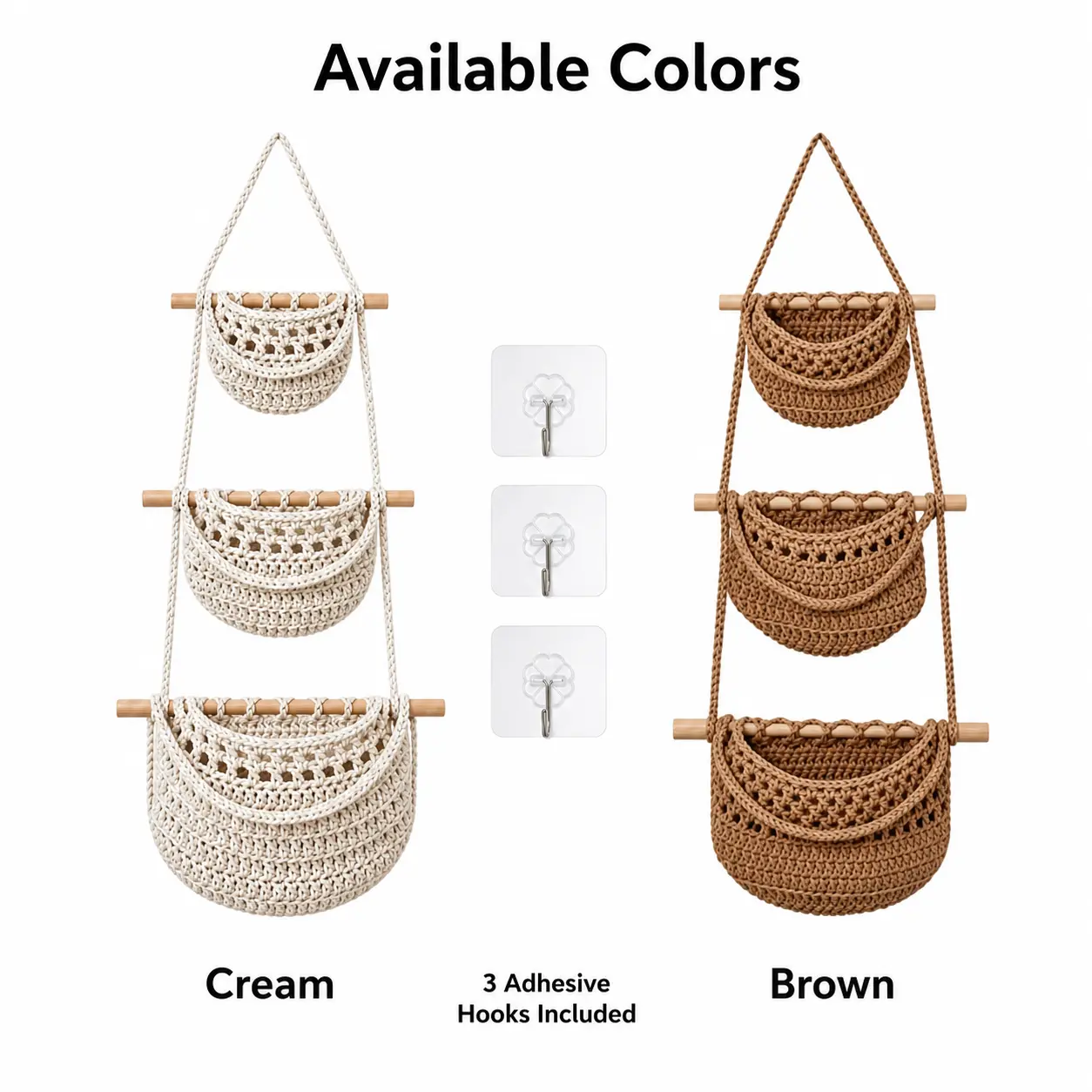 3-Tier Natural Cotton Macrame Hanging Wall Basket Organizer - Handwoven Collapsible Storage Basket with 3 Spacious Pockets, Home Accessory for Bedroom, Kitchen