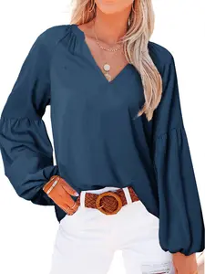 BTFBM 2026 Women's Casual Blouse Shirts V Neck Long Puff Sleeve Shirts Lightweight Chiffon Spring Summer Tops #Outdoorfun
