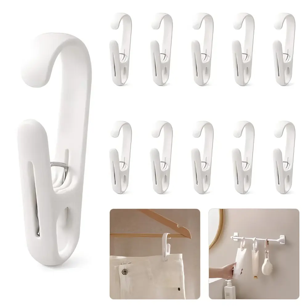 ZICO 10-Pack White 2-in-1 Clip Hooks, Multi-Functional Hook Clips with Secure Grip, No-Adhesive Reusable Hanger Clips for Towels, Socks, Shower Curtains, Kitchen Tools, Bathroom, Closet & Laundry