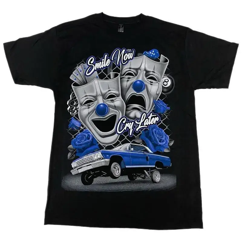 Smile Now Cry Later Blue Clown Mask Lowrider Graphic Tee, Old School Chicano Streetwear 100% Cotton Crewneck T-Shirt, Vintage Low Rider Car Casual Top For Men