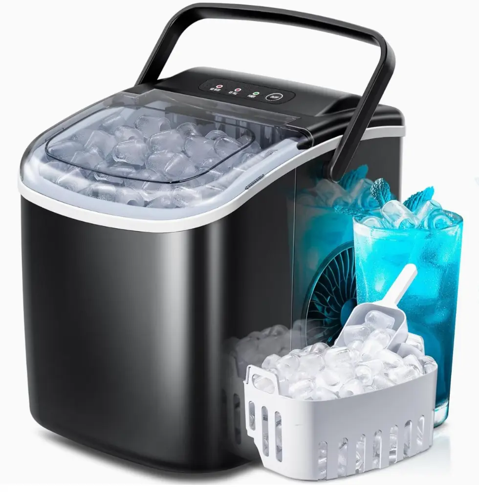 Countertop Ice Machine Maker with Handle, 26 lbs Daily Production, Portable with Storage Basket & Scoop, Ideal for Offices & Malls