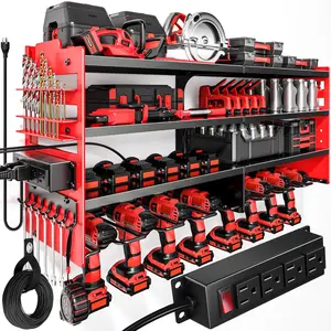 Large Power Tool Organizer Wall Mount with Charging Station 4 Layer Heavy Duty Metal Tool Storage Shelf Loads 600lbs Battery Utility Rack with 4 Outlet Power Strip 8 Cordless Drill Holder