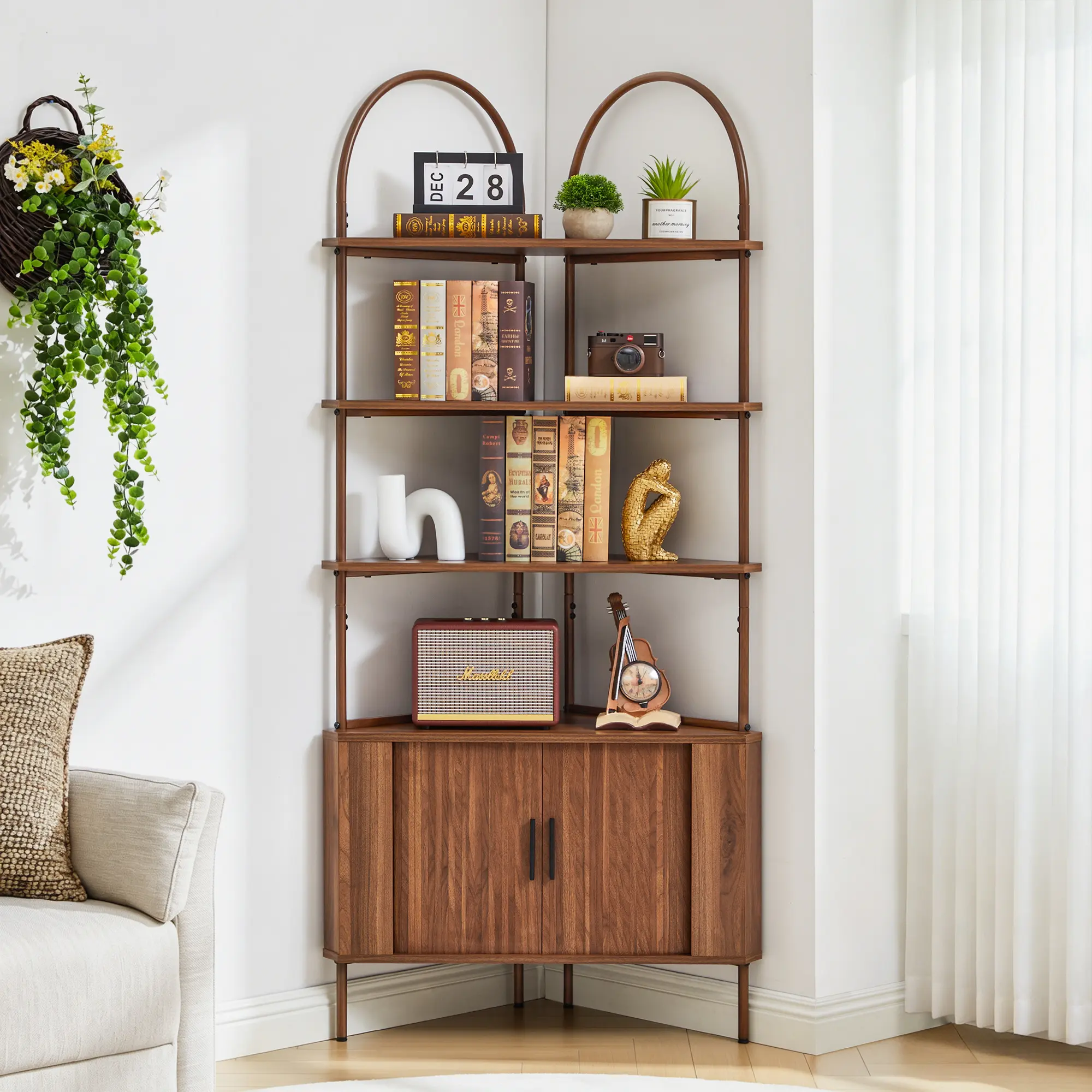 FurSch 71" Tall Corner Bookshelf with Storage Cabinet, 5-Tier Mid Century Modern Corner Bookcase, Wooden Corner Display Shelf for Living Room, Bedroom, Home Office
