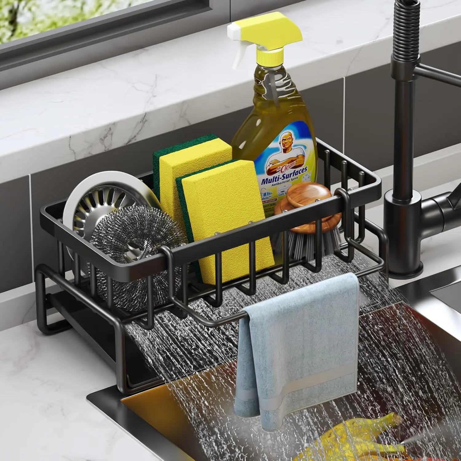 Kitchen Sink Caddy, Sponge Holder for Kitchen, Soap Dish Holder for Countertop, with Dishcloth Hanger Drying Rack, Rustproof 304 Stainless Kitchen Gadgets Sink Accessories (Black)