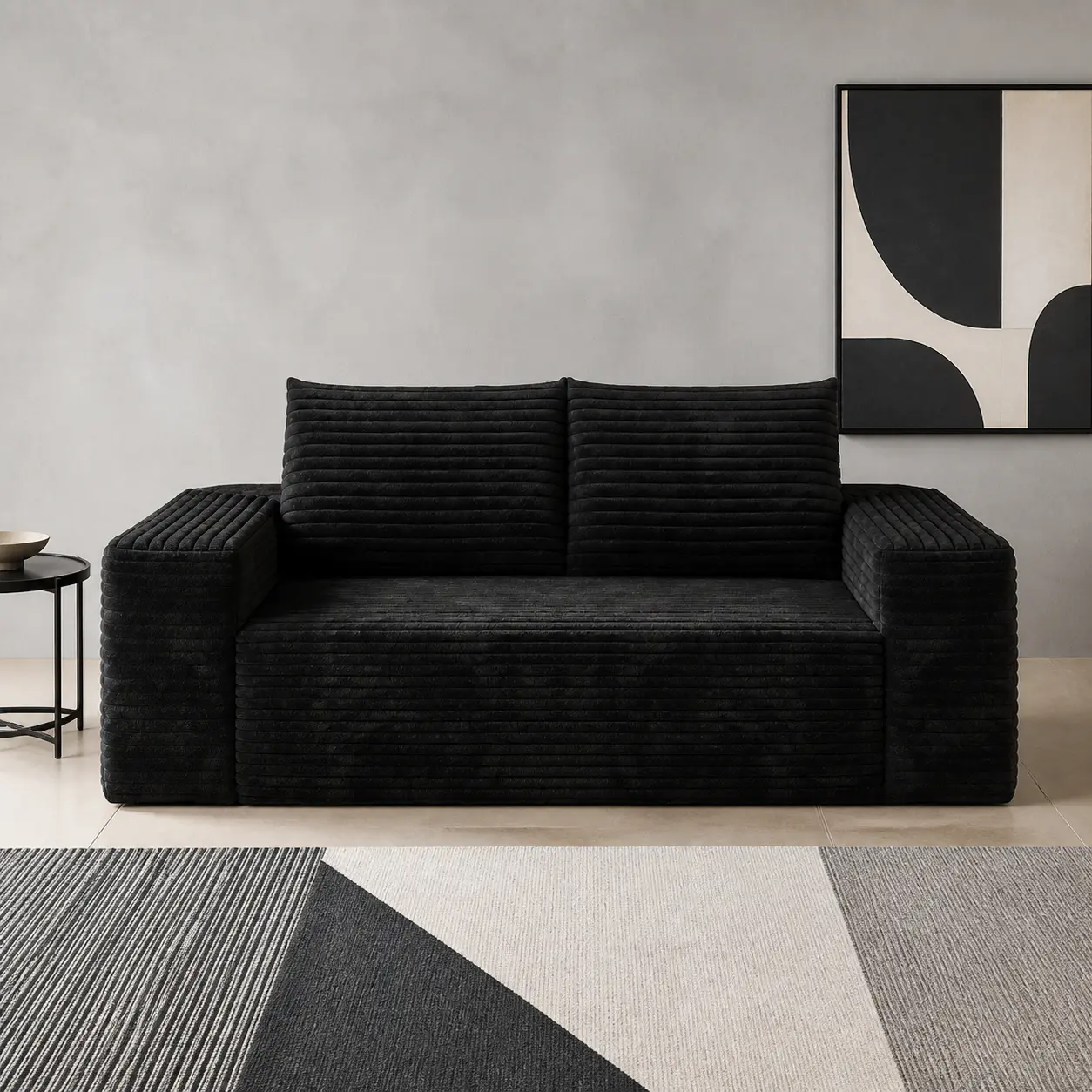 72-Inch Boneless Modular Loveseat Sofa - Black Wide-Stripe Corduroy Upholstery, Deep-Seat Memory Foam, 2 Back Cushions, Wide Armrests, No-Assembly Comfy Cloud Couch for Small Living Rooms, Apartments