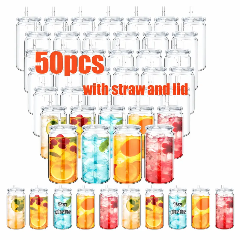 50pc Bulk Set Reusable 16oz Transparent Acrylic Water Tumblers - Straw-Ready Lids, BPA-Free Single-Wall Customizable Plastic Containers for UV DTF Wraps, Portable Washable Kitchenware Drinkware