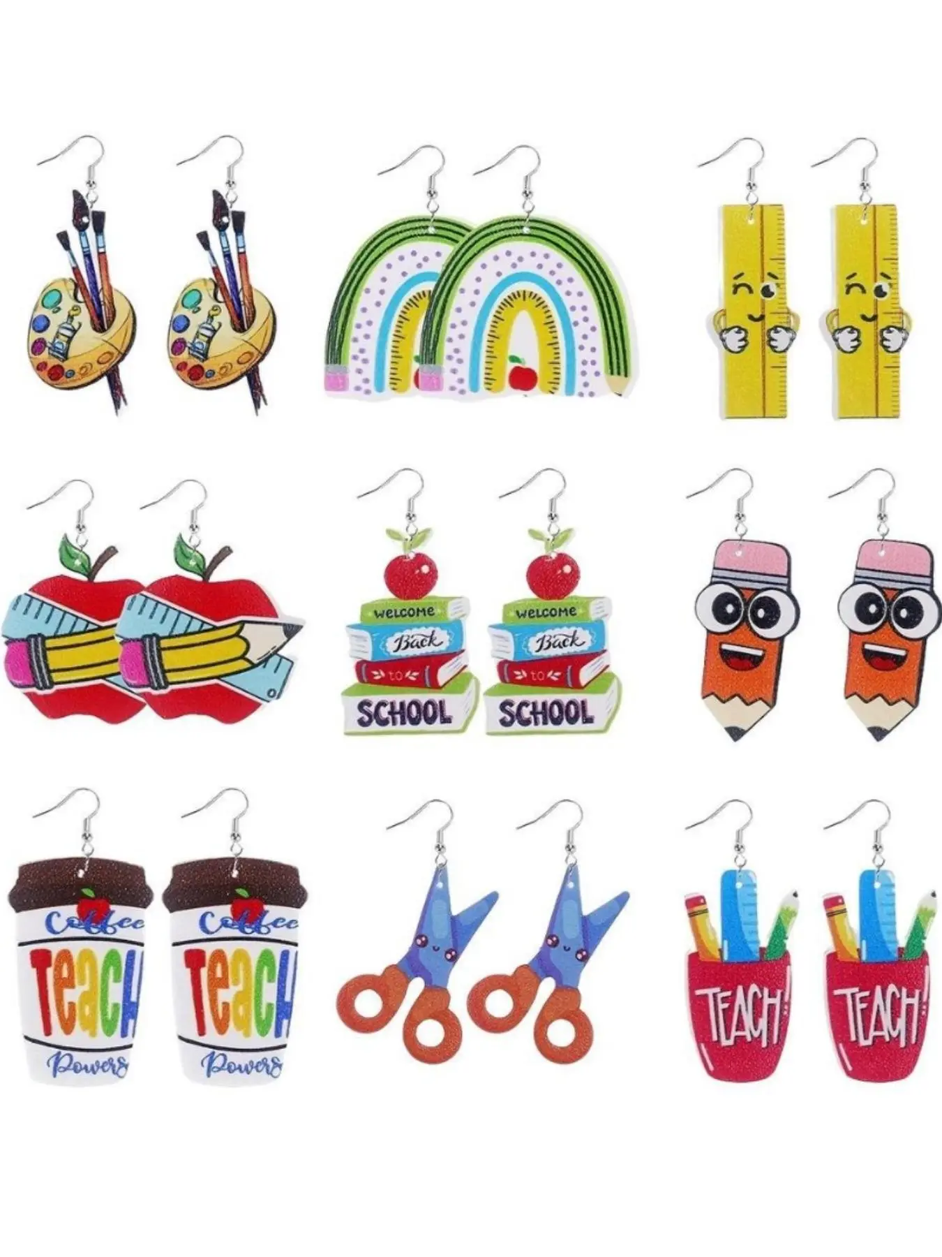 9 pairs of teacher-themed faux leather fashion earring sets, Fake Earrings, Teacher appreciation earrings, with cute pencil rainbow apple designs, perfect for graduation gifts, back to school, women's daily wear and parties