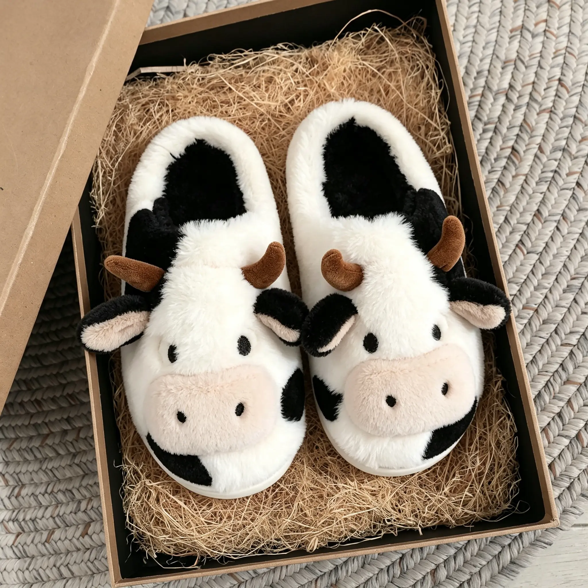 Plush Cotton Slippers with Non-Slip Sole Cute Cartoon Cow Warm and Non slip Women's Winter Home Plush Slippers
