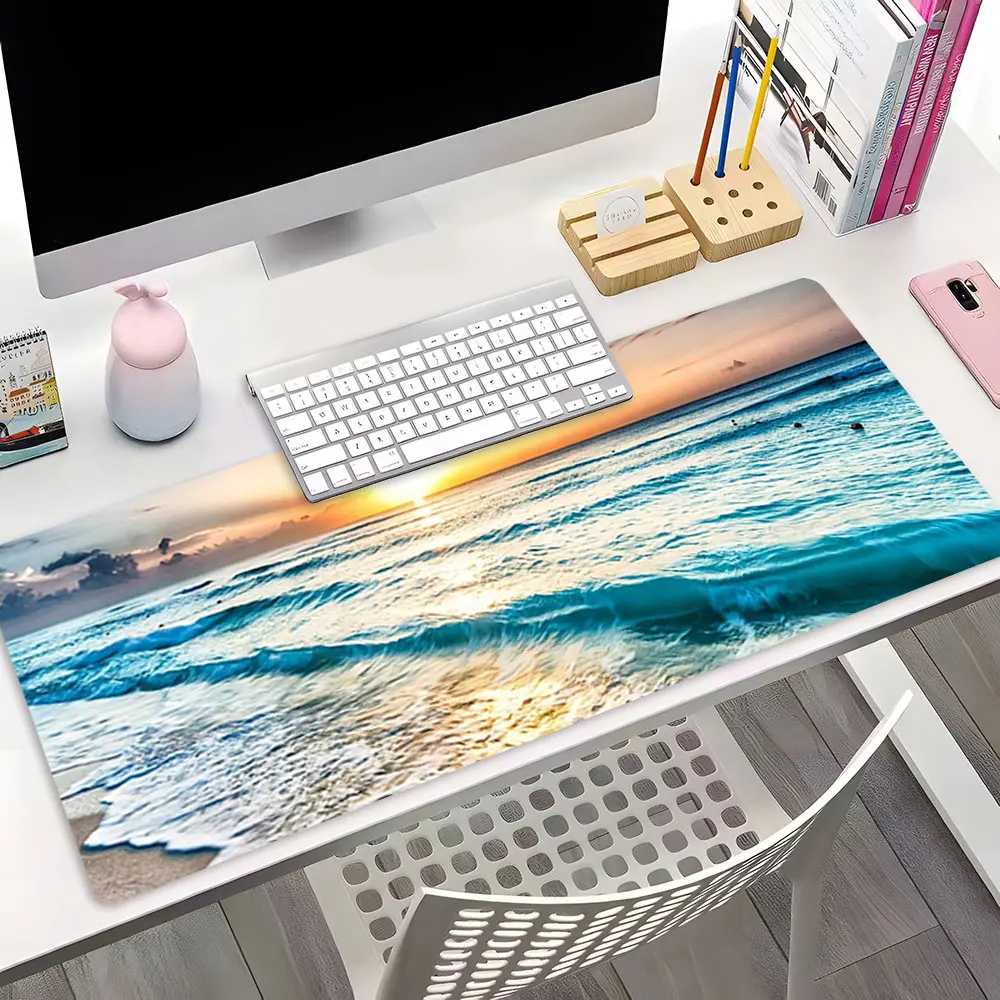 Beach Sunset Ocean Waves Design Large Gaming Mouse Pad,Aesthetic Desktop Decoration Pad, Fun Desk Accessories, Office Supplies, Computer Accessories for Desk, Washable Rubber Pad Non-Slip Lock Edge Suitable For Home Office