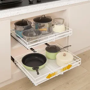 2 Piece Expandable Pull-Out Cabinet Organizer with 3 Sliding Rails, Adjustable Width Rolling Shelf Storage for Kitchen Organization