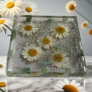 Real Daisy & Gold Square Resin Coaster