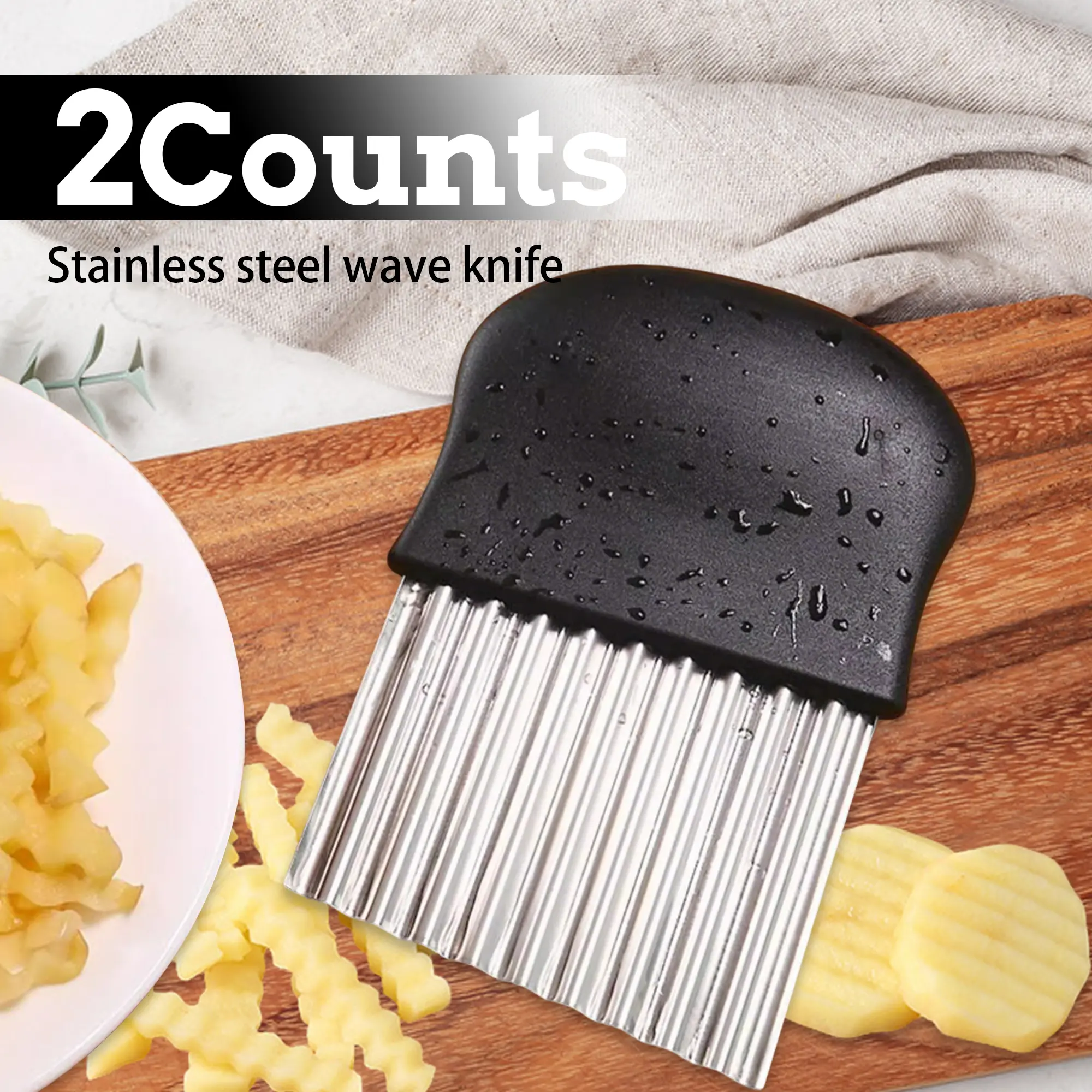 2 Counts Large Crinkle Cutter, French Fry Slicer, Potato Knife Cutter, Wavy Chopper for Fruit Vegetable, Stainless Steel Blade Cutting Tool for Kitchen