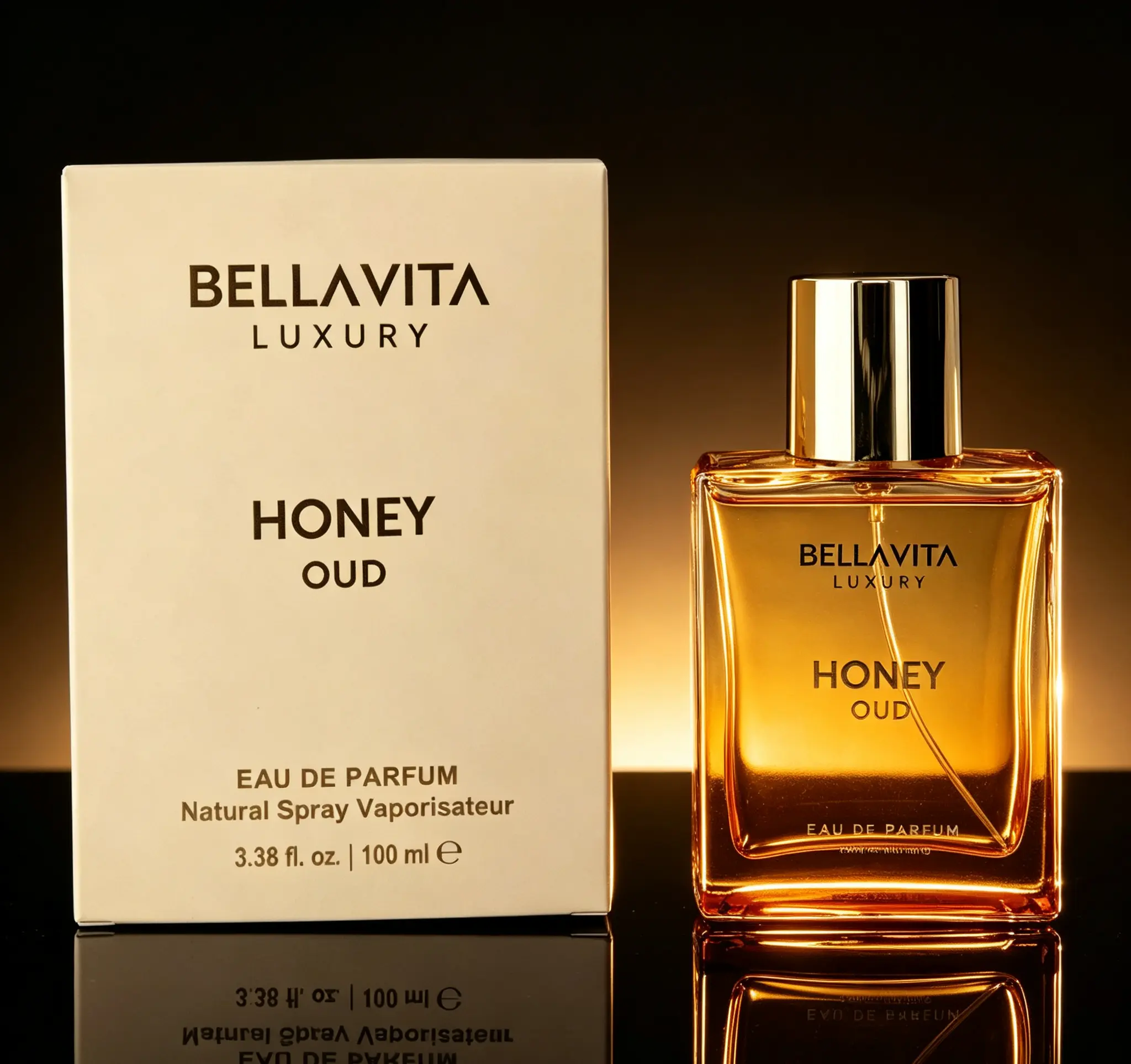 Premium BellaVita Luxury Honey Oud EDP, Clean Vegan Cruelty Free Fragrance Oil, Warm Honey & Oud Scent Mixed with Bergamot Vanilla Patchouli, All Gender Long Lasting Perfume