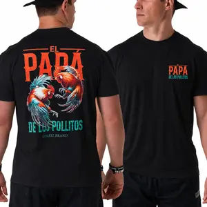 El Papa De Los Pollitos T-Shirt, Black Gamefowl Rooster Graphic Tee, Mexican Fighting Chicken Front Back Shirt, Gift for Men