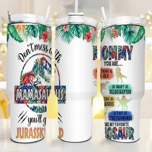 Funny Mamasaurus Dinosaur 40oz Tumbler with Handle, 40oz Insulated Mommy You Are My Favorite Dinosaur Travel Mug, Tropical Floral Jurasskicked Mama Stainless Steel Cup, Double Wall Vacuum Water Bottle with Reusable Straw