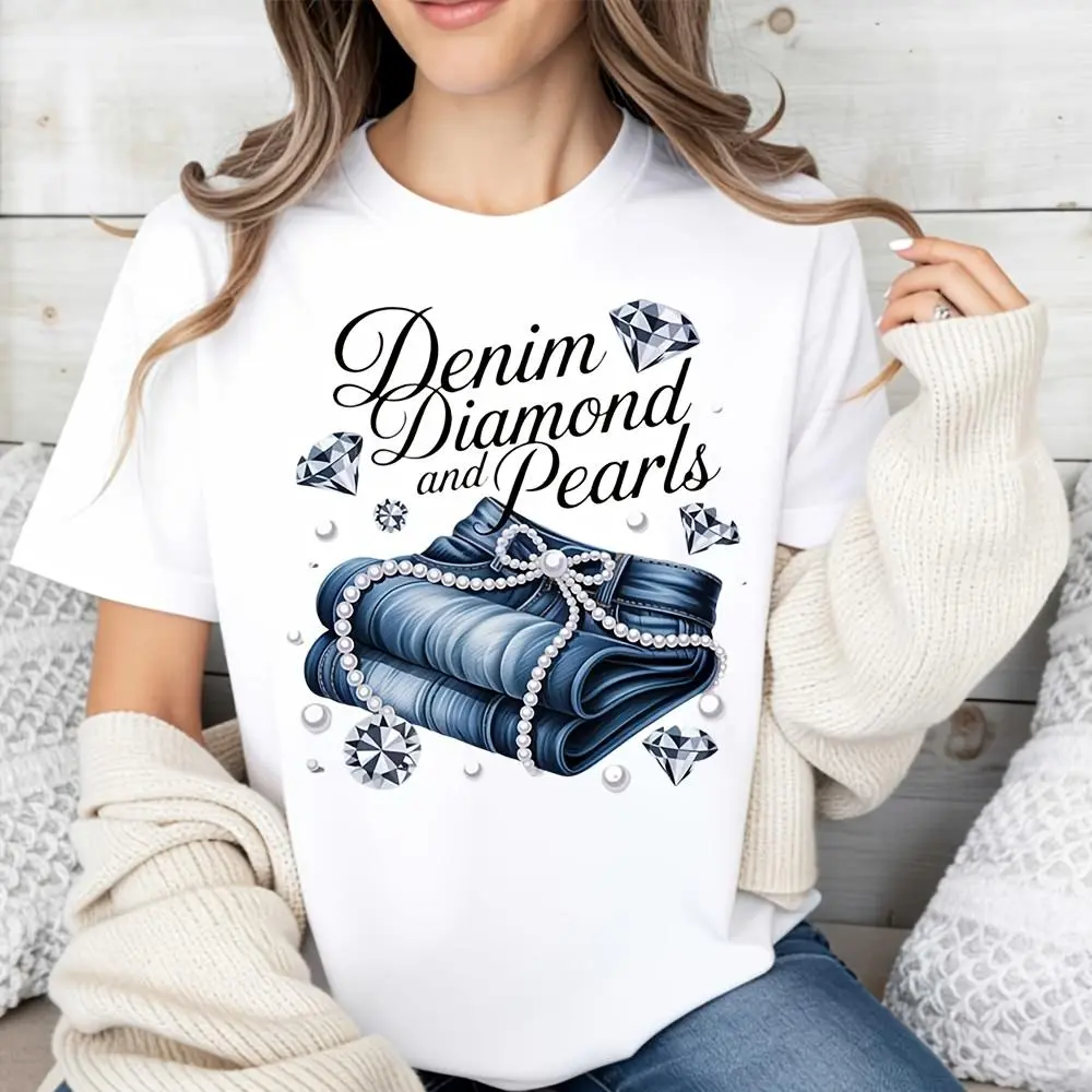 Denim Diamond And Pearls Print, Raglan Long-Sleeved T-Shirt, Fashion Jewelry Theme, Casual Daily Wear